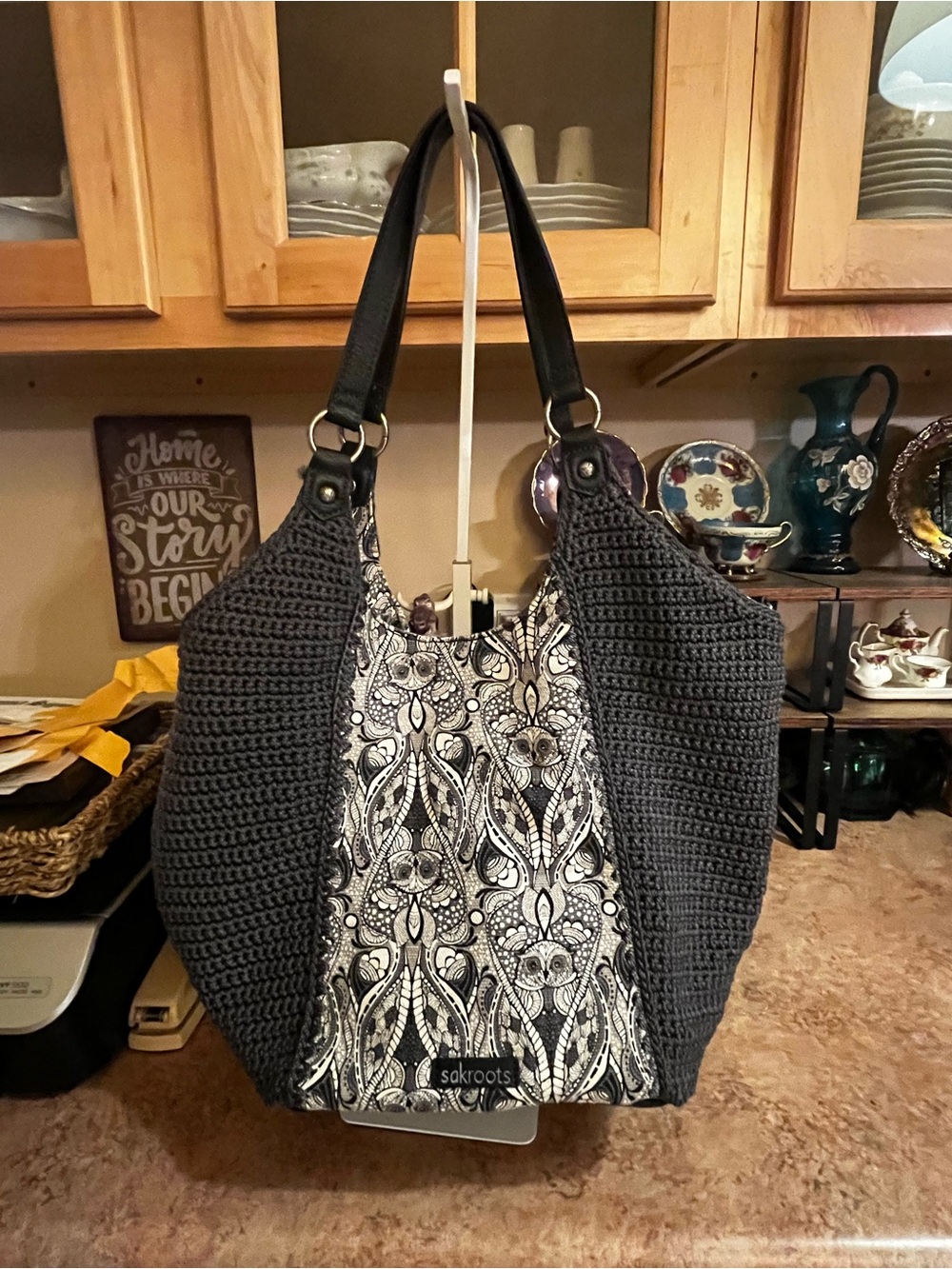 Sakroots Charcoal Crochet Shoulder Tote with Black & White Patterned Panel